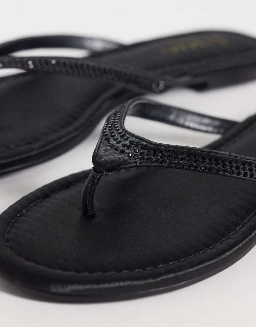 Simmi London Selene embellished flip flops in black satin, 2 of 4