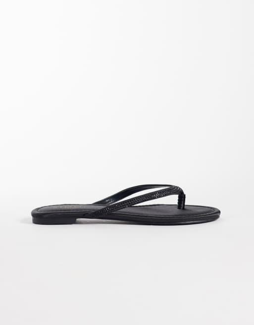 Simmi London Selene embellished flip flops in black satin, 3 of 4