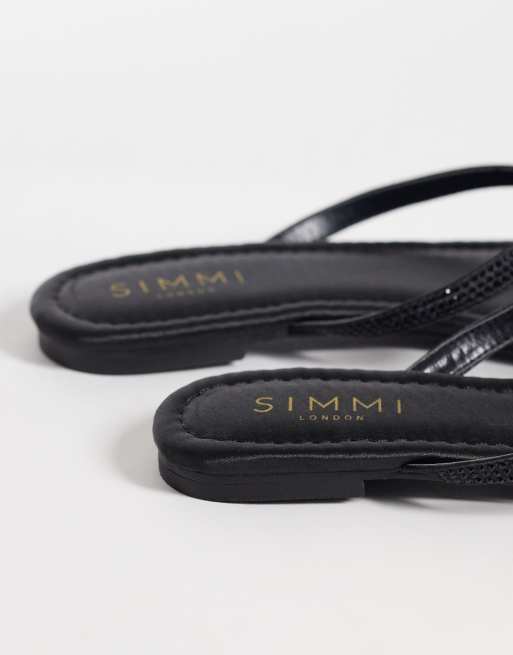 Simmi London – Selene – Svarta, utsmyckade flip flops i satin med bred passform, 4 av 4
