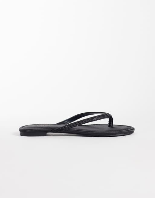 Simmi London Selene Wide Fit embellished flip flops in black satin, 3 of 4