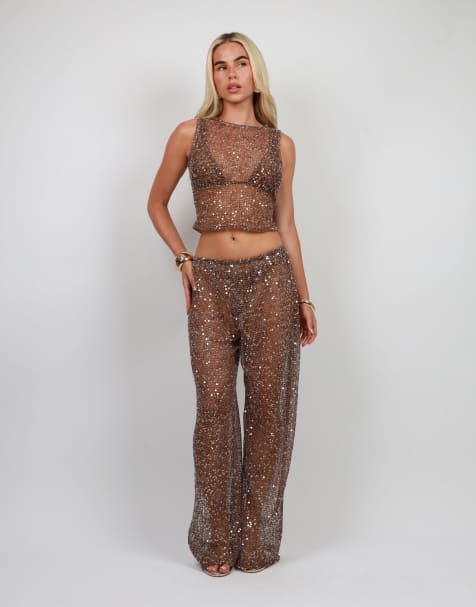 Simmi London Sequin beach tank top in brown - view 1