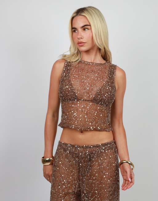Simmi London Sequin beach tank top in brown, 2 of 4