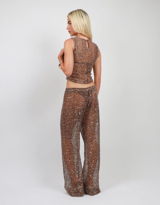 Simmi London Sequin beach tank top in brown, 3 of 4