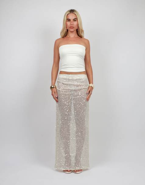 Simmi London Sequin maxi beach skirt in cream - view 1