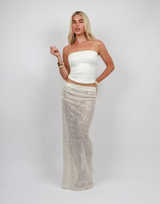 Simmi London Sequin maxi beach skirt in cream, 2 of 4