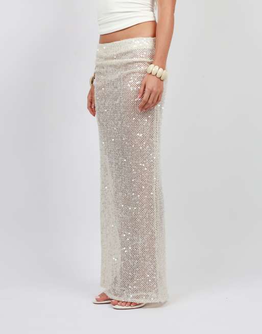 Simmi London Sequin maxi beach skirt in cream, 3 of 4