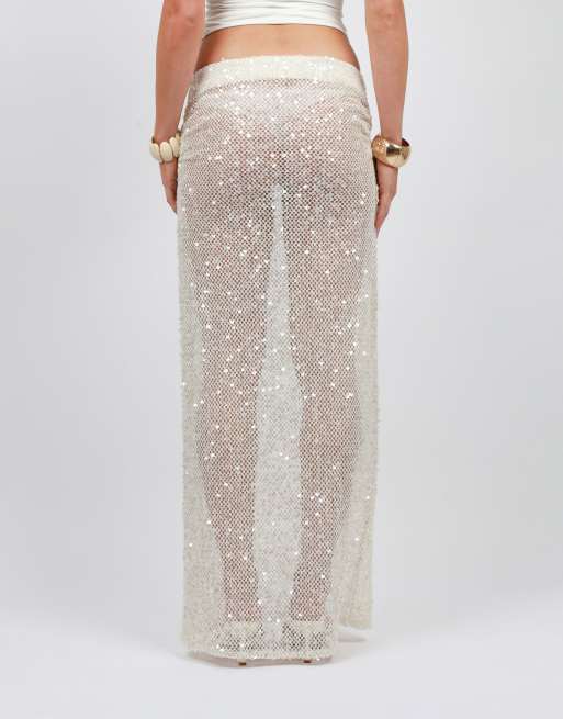 Simmi London Sequin maxi beach skirt in cream, 4 of 4