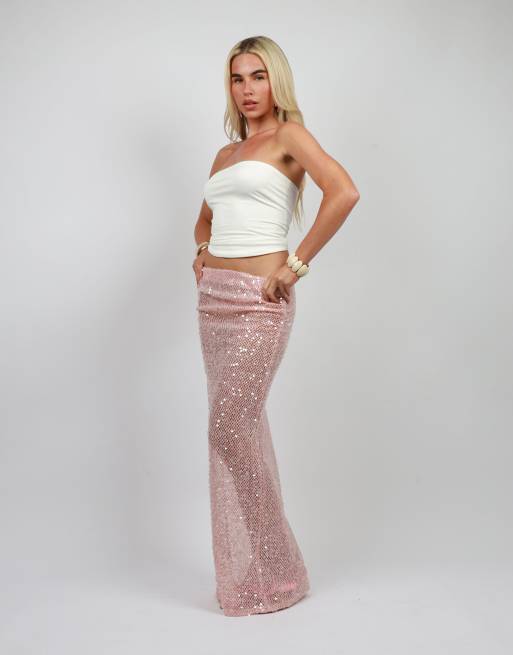 Simmi London Sequin maxi beach skirt in pink, 2 of 4