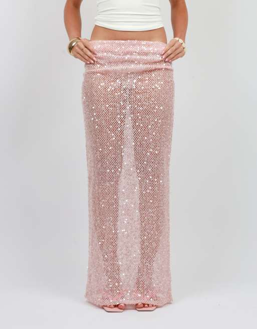 Simmi London Sequin maxi beach skirt in pink, 3 of 4