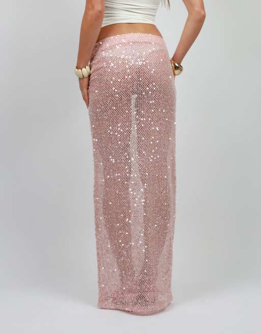 Simmi London Sequin maxi beach skirt in pink, 4 of 4