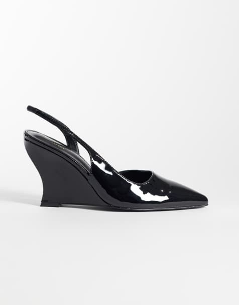 Simmi London Sequin slingback wedge shoes in black patent - view 1