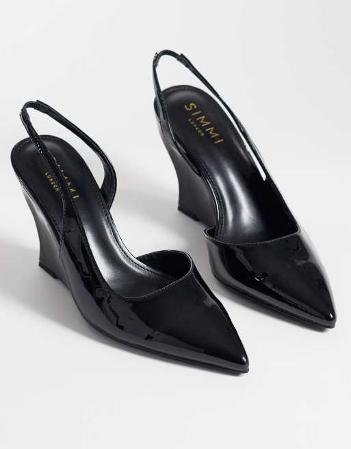 Simmi London Sequin slingback wedge shoes in black patent, 2 of 4