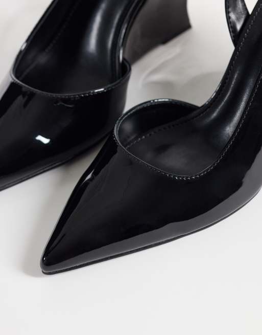 Simmi London Sequin slingback wedge shoes in black patent, 3 of 4