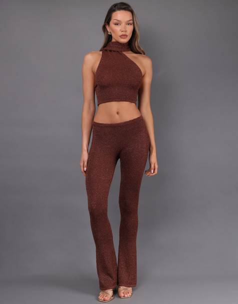 Simmi London Serafina bow knit flared bottoms in brown - view 1