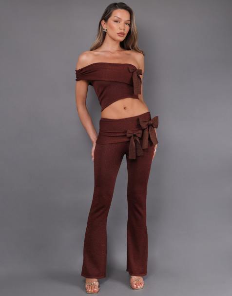 Simmi London Serafina bow  knit flared bottoms in brown - view 1
