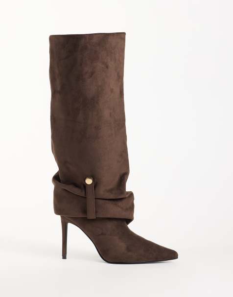Simmi London Serene knähöga boots med rynkning och gulddetalj i brun suedette - view 1
