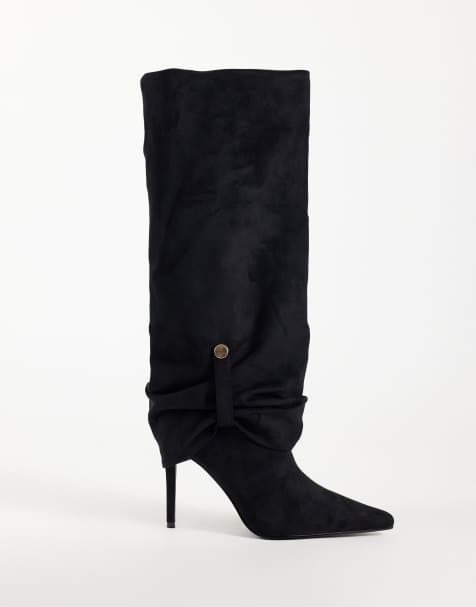 Simmi London Serene ruched knee boots with gold detail in black suedette - view 1