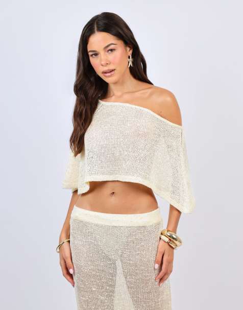 Simmi London Sheer drape sequin knit co-ord top in yellow