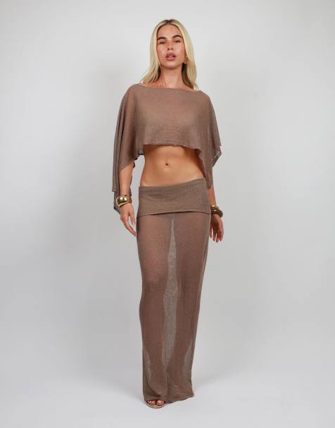 Simmi London Sheer knit cape top and maxi skirt co ord set in mocha - view 1