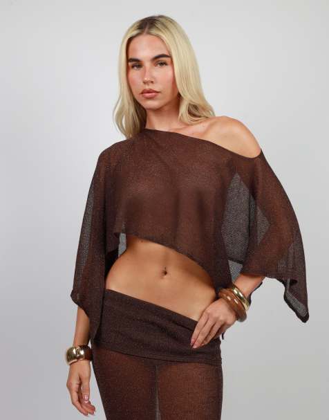 Simmi London Sheer knit cape top in brown - view 1