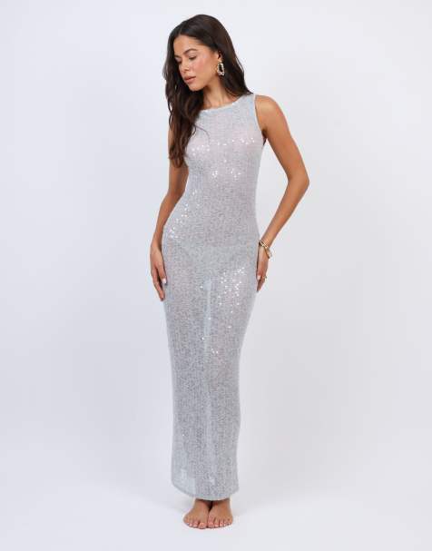 Simmi London Sheer sequin beach maxi dress in blue