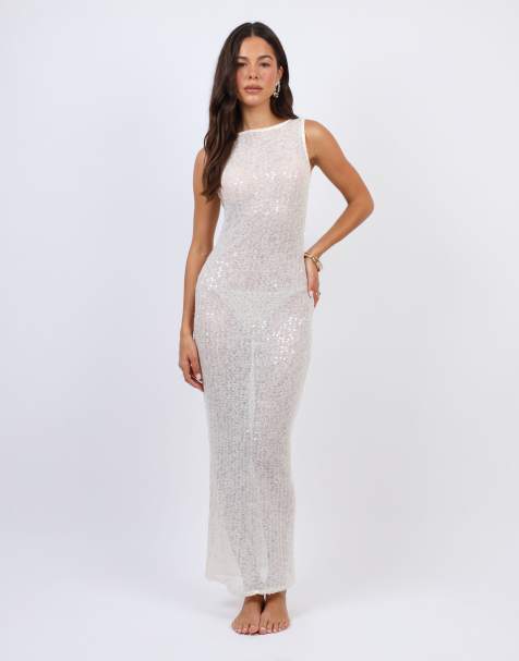 Simmi London Sheer sequin beach maxi dress in cream - view 1