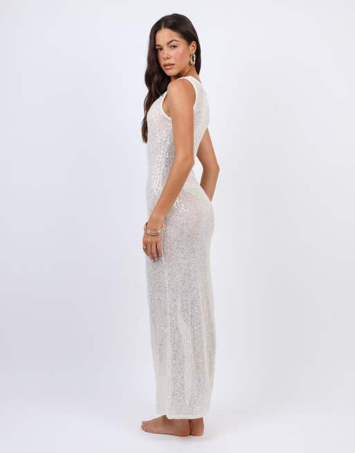 Simmi London Sheer sequin beach maxi dress in cream, 4 of 4
