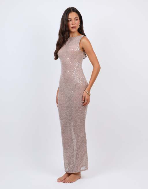 Simmi London Sheer sequin beach maxi dress in taupe, 3 of 4