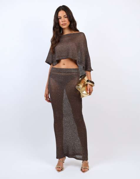 Simmi London Sheer sequin knit co-ord maxi skirt in brown