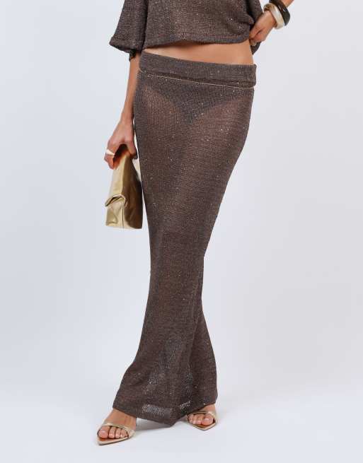 Simmi London Sheer sequin knit co-ord maxi skirt in brown, 2 of 4