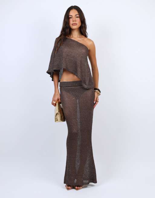 Simmi London Sheer sequin knit co-ord maxi skirt in brown, 4 of 4