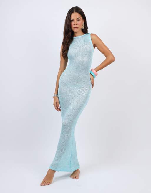 Simmi London Sheer sequin knit maxi beach dress in blue