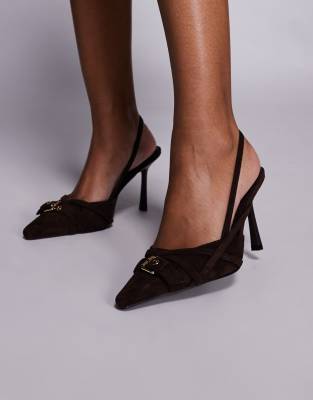Simmi London slingback heeled shoes with buckle detail in chocolate suede