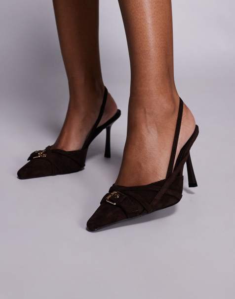 Simmi London slingback heeled shoes with buckle detail in chocolate suede - view 1