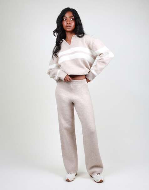 Simmi London Soft flared knit trouser in oatmeal - view 1