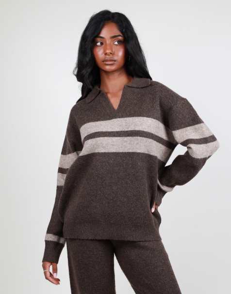 Simmi London Soft knit collar stripe jumper in brown - view 1