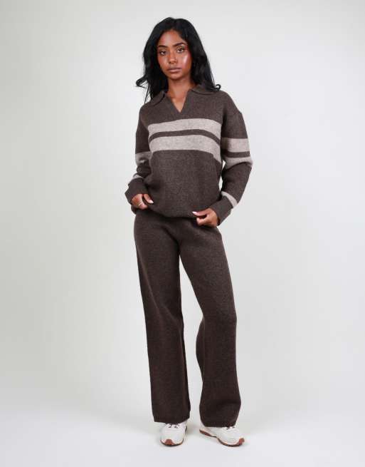 Simmi London Soft knit collar stripe jumper in brown, 2 of 4