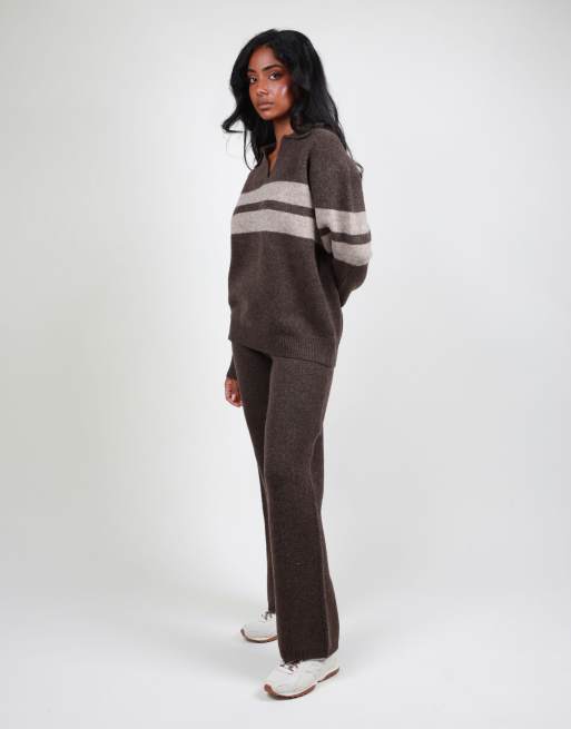 Simmi London Soft knit collar stripe jumper in brown, 3 of 4