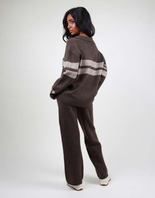 Simmi London Soft knit collar stripe jumper in brown, 4 of 4