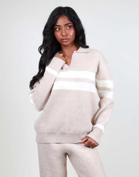 Simmi London Soft knit collar stripe jumper in oatmeal - view 1