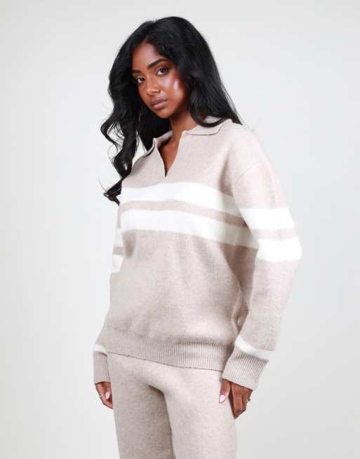 Simmi London Soft knit collar stripe jumper in oatmeal, 2 of 4