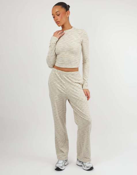 Simmi London Soft stripe wide leg trousers in cream - view 1