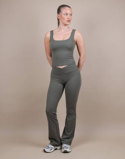 Simmi London Soft touch ruched front flared leggings in olive - view 1