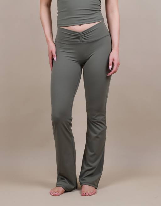 Simmi London Soft touch ruched front flared leggings in olive, 3 of 4
