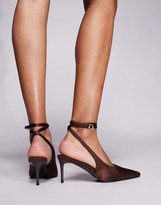 Simmi London Sonika tie leg heeled court shoes in chocolate satin