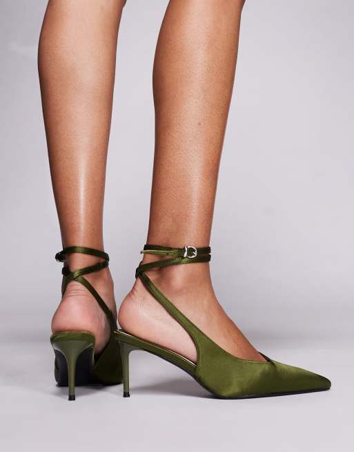 Simmi London Sonika tie leg heeled pumps in olive satin, 4 of 4