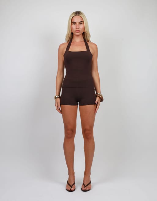 Simmi London Square neck knitted halter top in brown, 2 of 3