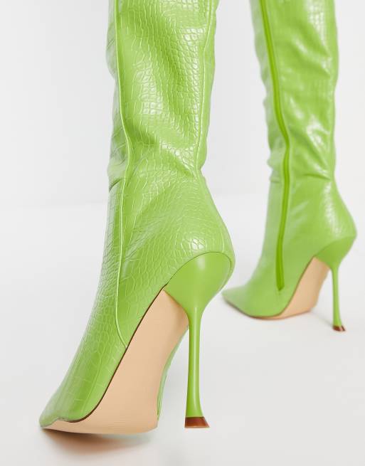 Simmi London stiletto heel knee boot in lime croc, 3 of 4