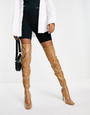 Simmi London stiletto heel thigh high boot in camel snake