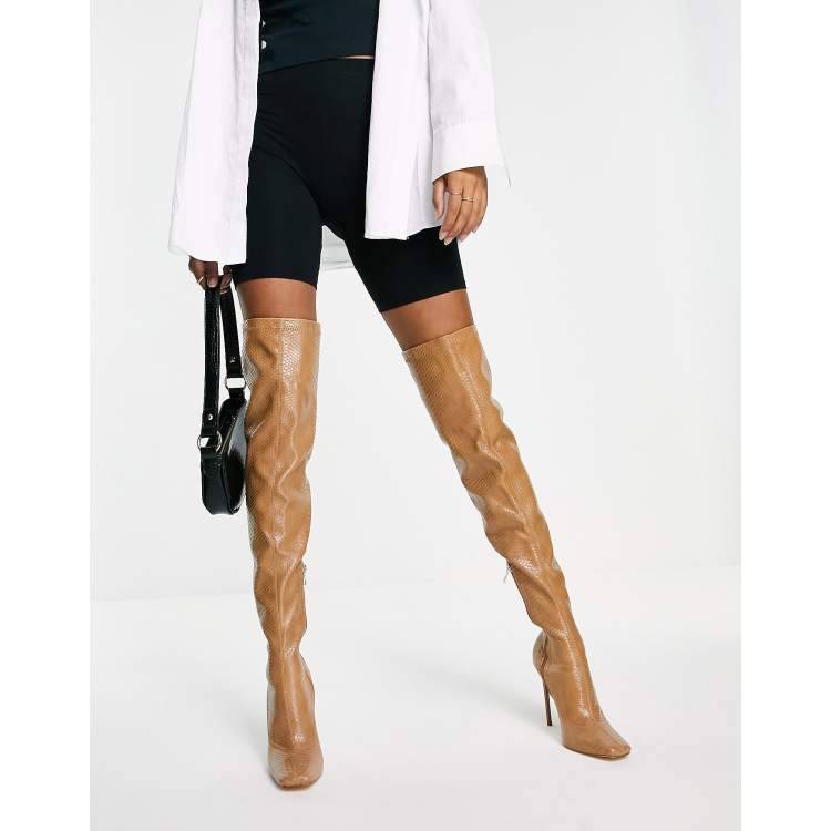 Simmi London stiletto heel thigh high boot in camel snake